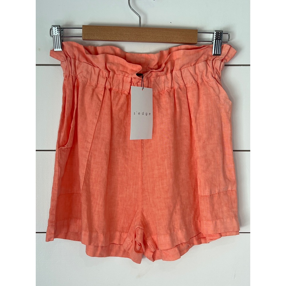 S'edge Women Coral Orange 100% Linen Paperbag Waist Shorts XS Made in USA NWT